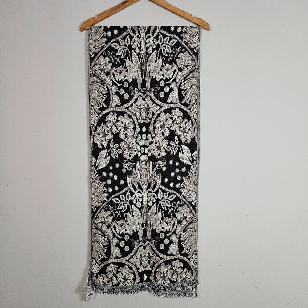 Chico's Women's Brocade Scarf Black Metallic Floral Fringe Classic Mature